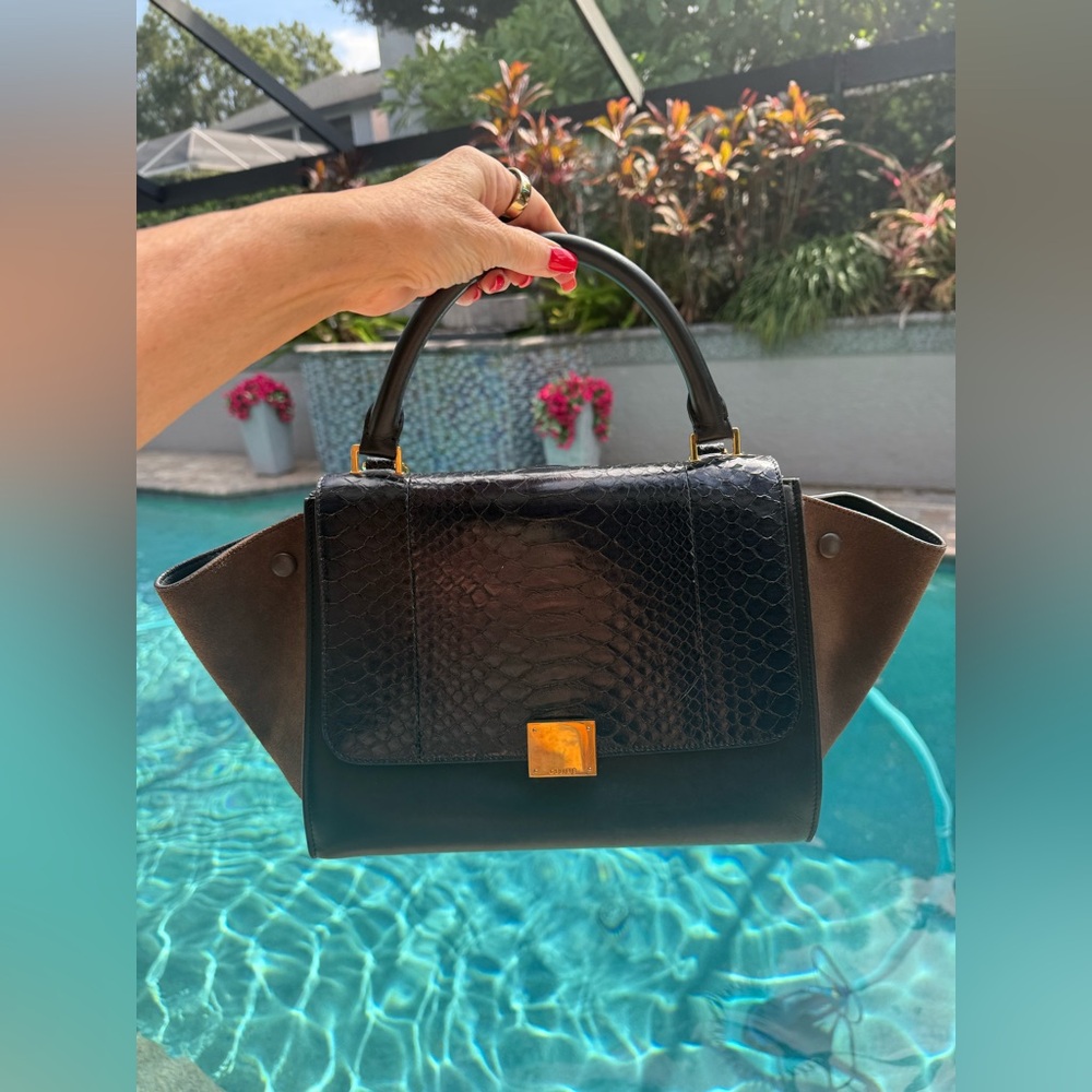 Celine Trapeze Tricolor Leather Handbag with Detachable Shoulder Strap.
